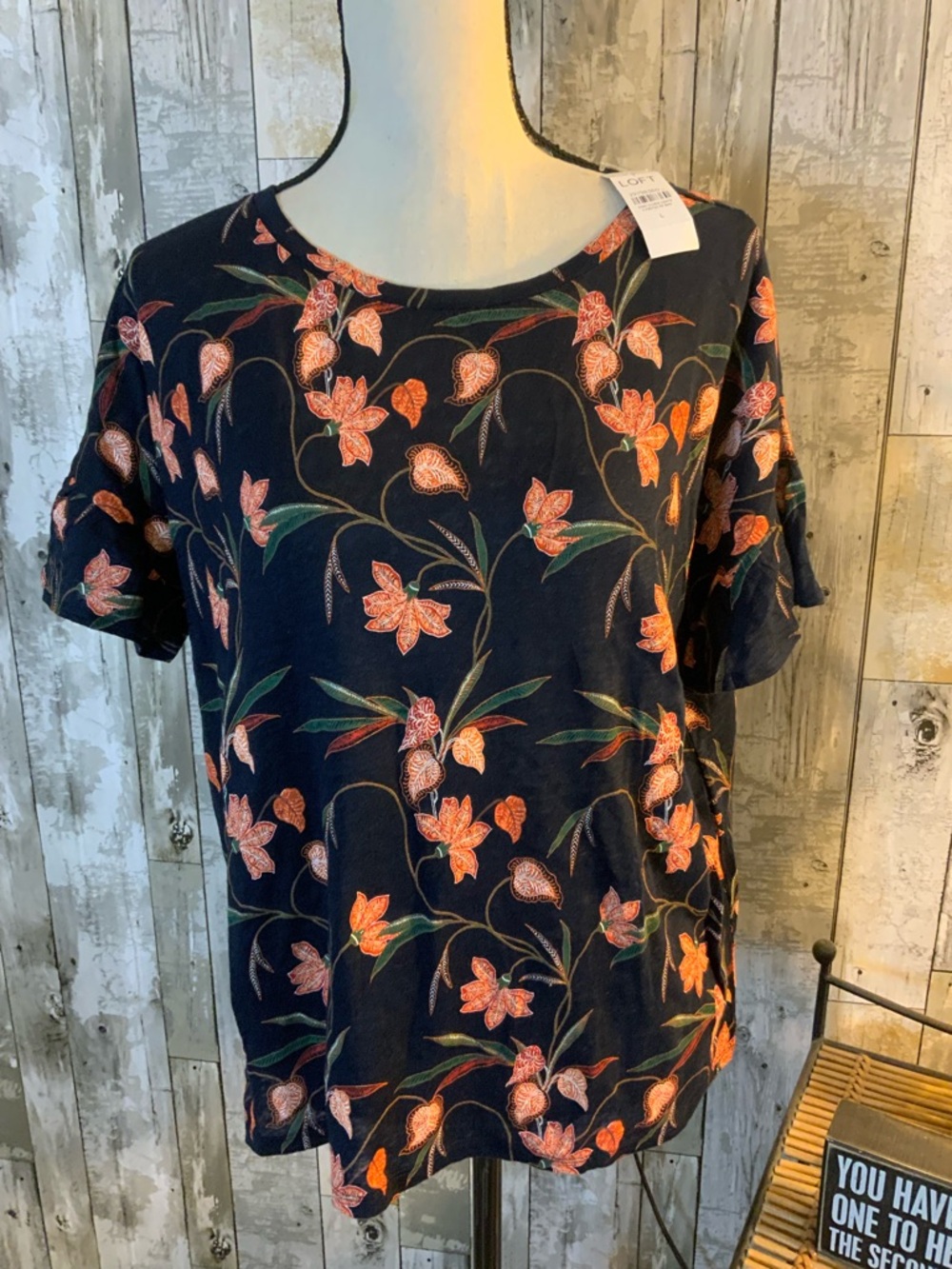LOFT Navy Short Sleeve Top with Orange Floral Print